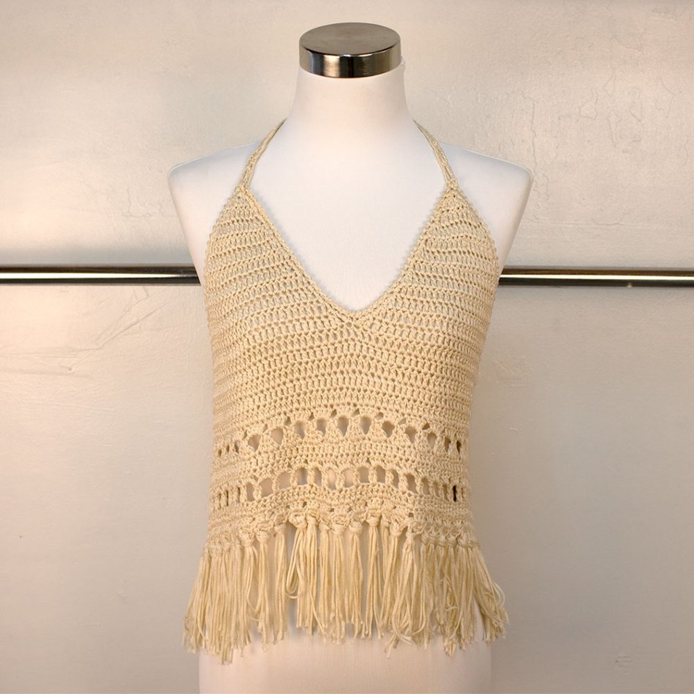 Crochet Halter Tie Back Crop Top with Fringe